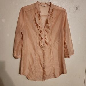 XXI Essentials Peach Colored Ruffle-Front Sheer Blouse 3/4 Sleeves Size L
